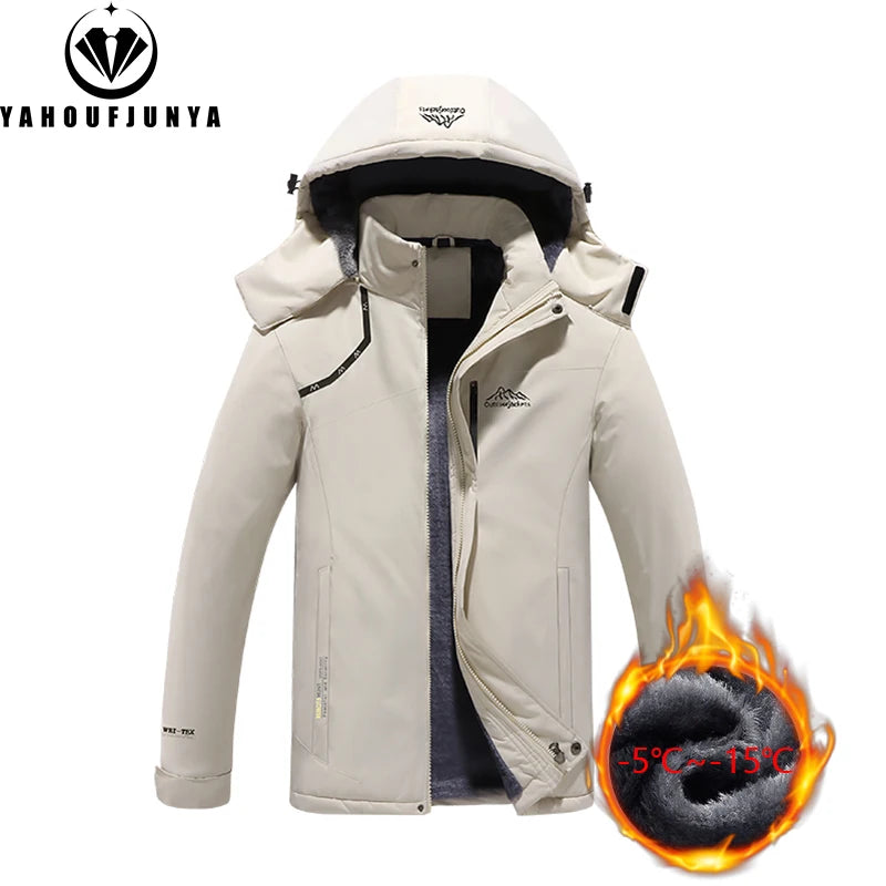 2024 Winter Men Windbreak Plus Thick Warm Jacket Hiking Men Outdoor Skiing Camping Removable Hooded Comfortable Jacket Coat Male